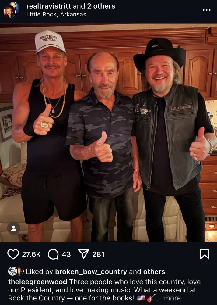 Kid Rock, Lee Greenwood, and Travis Tritt give a thumbs up while their alarmingly skinny legs somehow keep them upright.