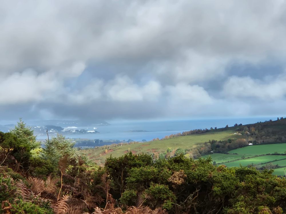 Aussicht über grüne Hügel auf die Nordee vom Anstieg.