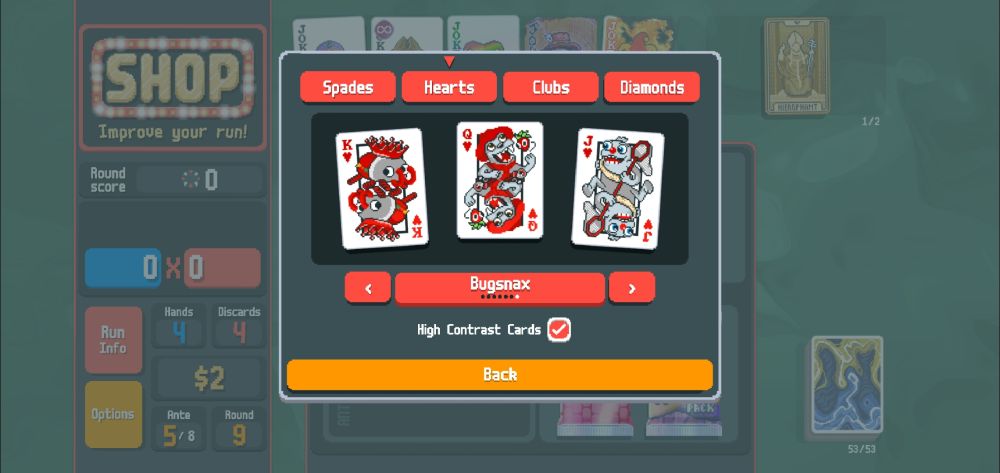 A screenshot of Balatro showing off the Bugsnax skins in colorblind mode