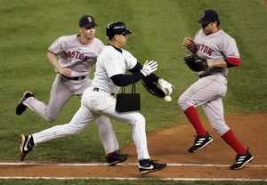 Alex Rodriguez, a photoshopped purse over his wrist, smacks the ball out of Bronson Arroyo’s glove