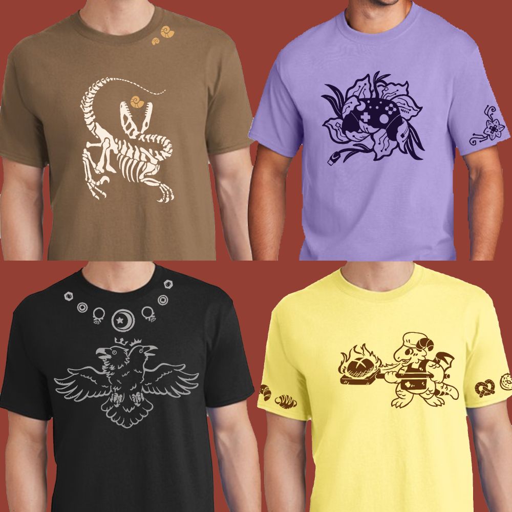 Close mockup images of 4 models wearing tshirts:
1) a black t-shirt with a two-headed crow-raven in silver ink printed in the middle. Various shiny objects that corvids might enjoy are printed along the neckline of the t-shirt.
2) a brown t-shirt with a white raptor skeleton in the middle. There are small orange ammonites near the collar and the bottom right hem of the shirt. 
3) a lavender t-shirt with a black game controller in the middle of flower petals that are patterned with circuitboard designs. Smaller flowers are on the left shirt sleeve and near the bottom right hem that feature a d-pad and a group of face buttons in their centers.
4) a yellow t-shirt with a brown dragon baking a loaf of bread in the middle. The sleeves of the t-shirt are printed with small bread items. 
