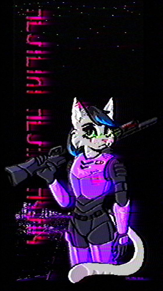 art with an analog/VHS filter slapped on it. a cat-woman with black, blue-tipped hair, stands with a shotgun slung over her shoulder. a purple city resides in the background, dark- but full of life and glistening lights. 