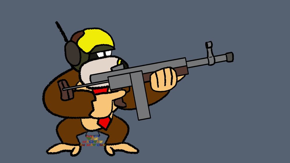 Donkey Kong wearing a helmet mask and holding a gun, all from the upcoming video game Diesel Knight, from a close college friend of mine Xavier B. Johnson. He doesn't have a bluesky unfortunately but he does have a Kickstarter for the game and the link I'm about to post should have links to the youtube page, discord and w/e other socials exist for it! https://www.kickstarter.com/projects/dieselknights/diesel-knights