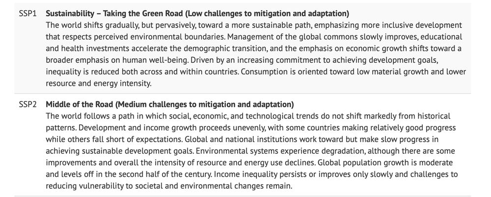 An image showing descriptions of "SSP1-Taking the Green Road (low challenges to mitigation and adaptation) and "SSP2-Middle of the Road (Medium challenges to mitigation and adaptation". 

Under SSP1 is this paragraph: "The world shifts gradually, but pervasively, toward a more sustainable path, emphasizing more inclusive development that respects perceived environmental boundaries. Management of the global commons slowly improves, educational and health investments accelerate the demographic transition, and emphasis on economic growth shifts toward a broader emphasis on human well-being. Driven by an increasing commitment to achieving development goals, inequality is reduced both across and within countries. Consumption is oriented toward low material growth and lower resource and energy intensity." 

Under SSP2 is this paragraph: "The world follows a path in which social, economic and technological trends do not shift markedly from historical patterns. Development and income growth proceeds unevenly, with some countries making relatively good progress while others fall short of expectations. Global and national institutions work toward but make slow progress in improvements and overall the intensity of resource and energy use declines. Global population growth is moderate and levels off in the second half of the century. Income inequality persists or improves only slowly and challenges to reducing vulnerability to societal and environmental changes remain." 