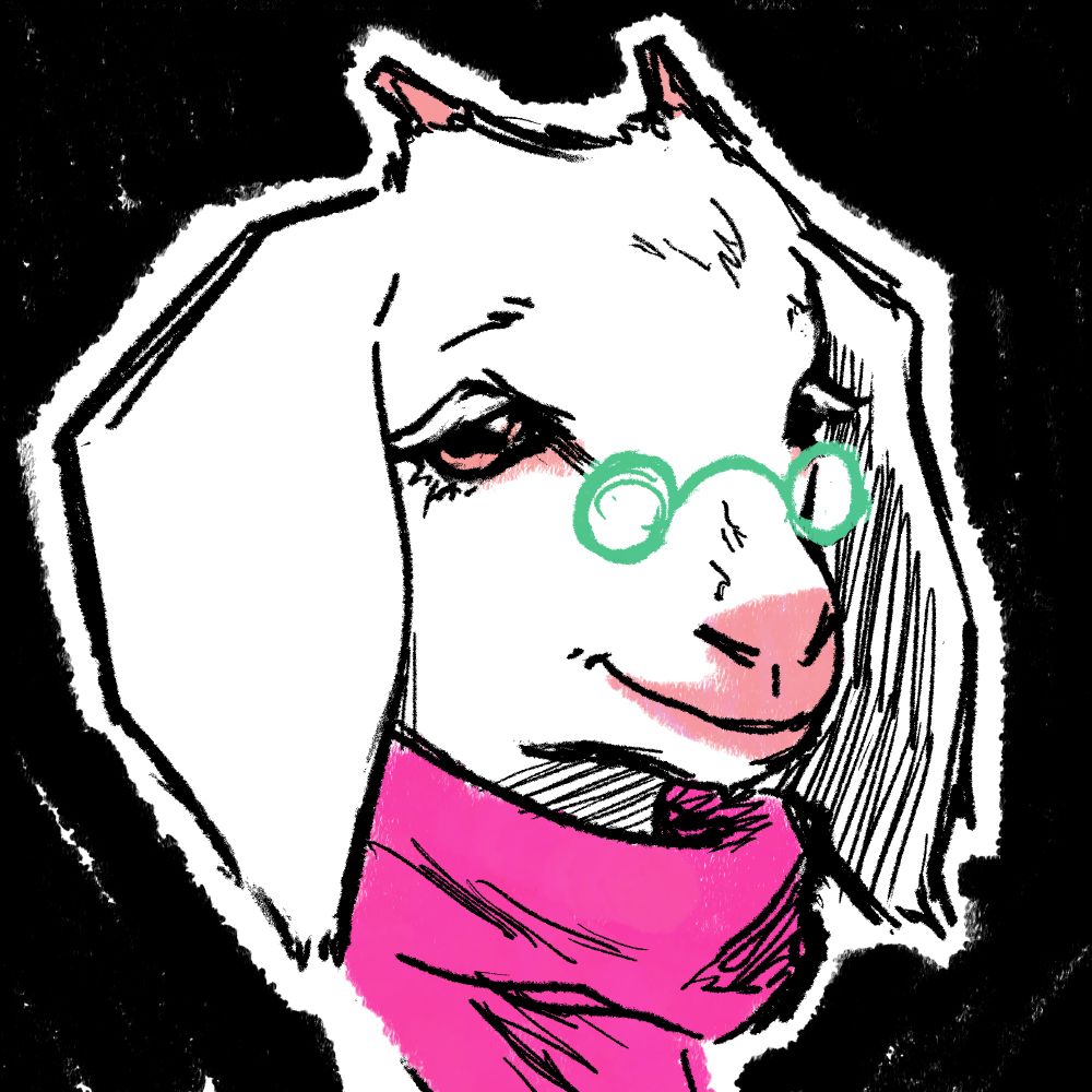 a head-up portrait of ralsei from deltarune in a sketchy style. he is wearing his glasses and a pink scarf and his face is similar to a real goat.