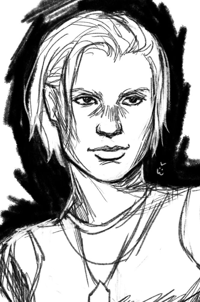 close-up black and white portrait of kara thrace drawn in a sketchy style