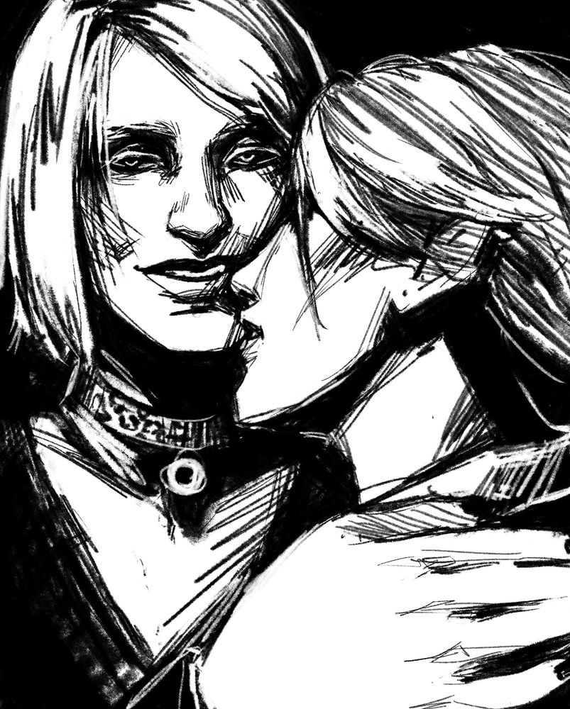 black and white digital drawing of mary and maria from silent hill 2