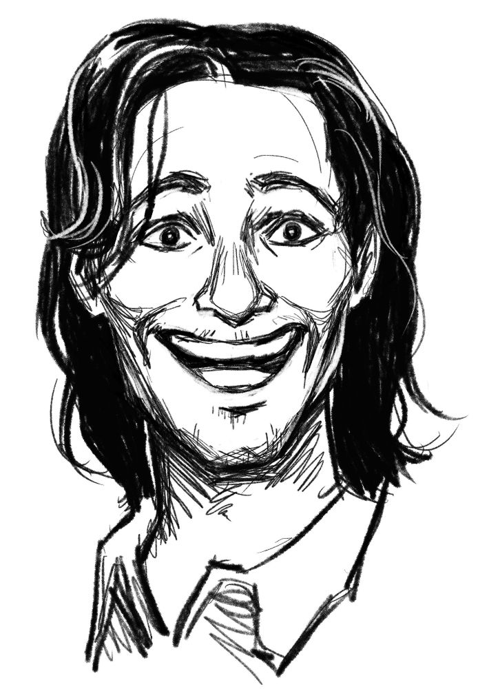 sketchy black and white portrait of gaius baltar looking excited 