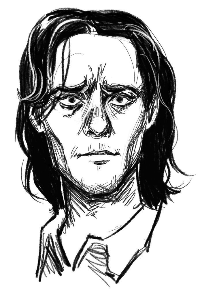 sketchy black and white portrait of gaius baltar looking concerned or upset