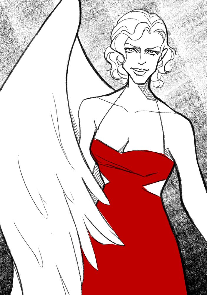 a black and white drawing of six from battlestar galactica, wearing her red dress and with one angel wing