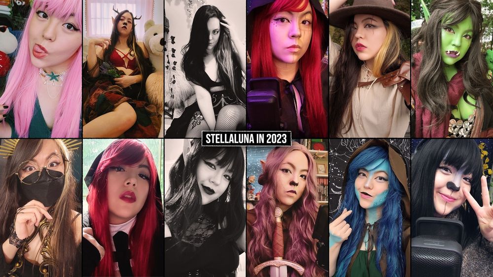 Compilation of costume fits for stellaluna in 2023 including a pink hair mermaid, a sultry satyr, a zombie, a half god, a cowboy, an orc, an aasimar, a vampire, a gothic elf, a deerkin, an aquatic elf, a firbolg