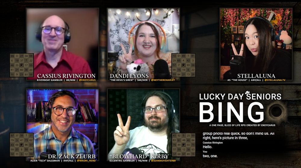 screenshot of lucky day seniors bingo featuring stellaluna, endycarus, heythereharley, maori_nerd, zombiefighter89