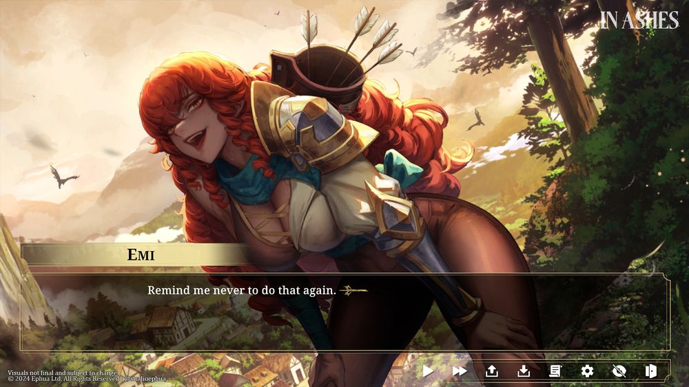 Red haired girl crouched over, wearing fantasy adventure clothes and a quiver on her back. Dialogue reads "Emi: Remind me never to do that again."
