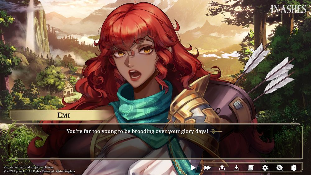 Visual novel game screenshot. Red haired girl with surprised exprssion. Dialogue reads, you'r far too young to be brooding over your glory days!