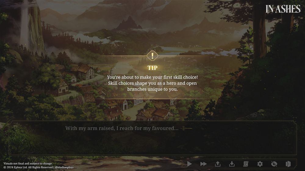Visual novel game sceenshot. Shows a pop-up tip reading, You're about to make your first skill choice. Skill choices shape you as a hero and open branches unique to you.