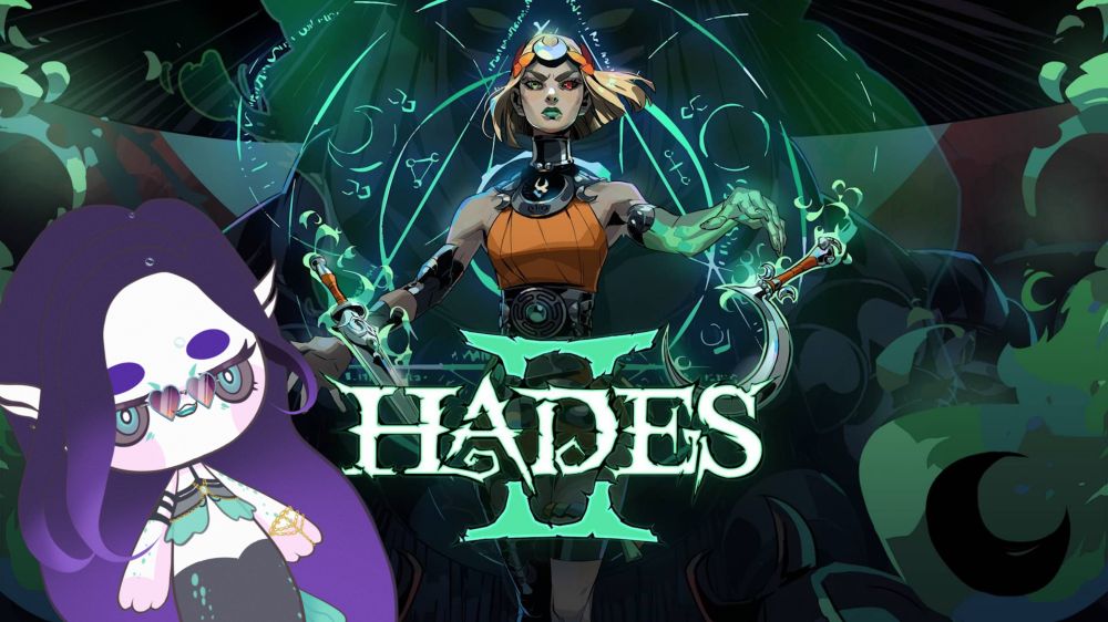 Promo image for Hades 2 with protagonist Melinoë center screen surrounded by teal smoke and shadows. She has short blonde hair cut bluntly at chin length and wears an orange dress with silver accessories on her neck, arms, and across her torso. Her left arm is teal from the bicep down, showing a glowing skeletal arm. Siren's merm form is in the bottom left corner looking at Melinoë with awe.