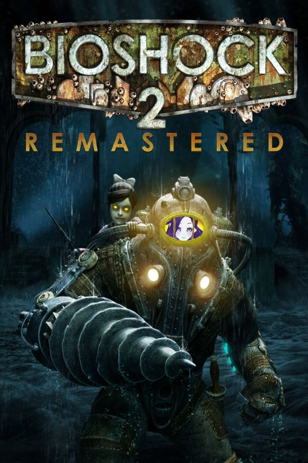 Promo image for BioShock 2 Remastered featuring a Big Daddy (large, old-fashioned diving suit with a massive drill for one hand) with a Little Sister (young girl with pale skin, dark hair tied back with a bow, and glowing yellow eyes) on his back, peeking over his shoulder, underneath the game title. Inside the Big Daddy's helmet is Siren's 3D model sticking their tongue out.