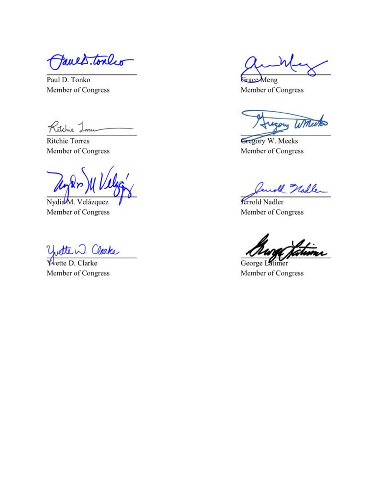 Letter signed by Representatives Ocasio-Cortez, Espaillat, Goldman, Clarke, Latimer, Meeks, Meng, Nadler, Tonko, Torres, and Velázquez.