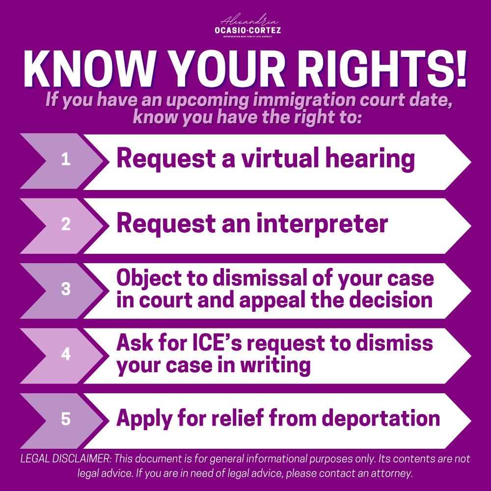 KNOW YOUR RIGHTS!
If you have an upcoming immigration court date, know you have the right to:

Request a virtual hearing
Request an interpreter
Object to dismissal of your case in court and appeal the decision Ask for ICE's request to dismiss your case in writing
Apply for relief from deportation

LEGAL DISCLAIMER: This document is for general informational purposes only. Its contents are not legal advice. If you are in need of legal advice, please contact an attorney.