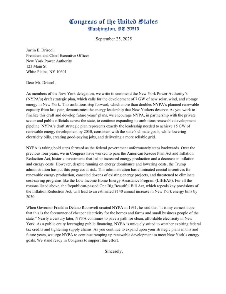 Letter to the President and CEO of the New York Power Authority in support of NYPA’s plan to develop 7 gigawatts of renewable energy by 2030.