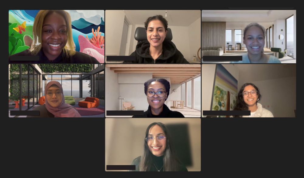 A screenshot from the TEPICC Reflexive Practice Group session hosted on Microsoft Teams. There are 6 squares each with a different feminine presenting person from a Global Majority background; each person is smiling. 