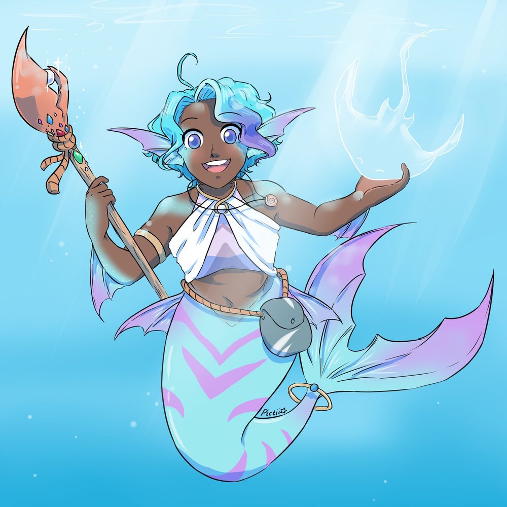 An anime-style digital illustration of a brown-skinned mermaid with blue and purple hair, fish tail and fins smiling at the viewer and stroking a manta-ray ghost with one hand and holding a staff made of a crab claw with the other hand.