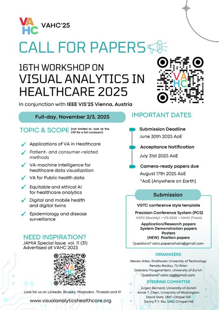If you found the insights from the past JAMIA special issue on Visual Analytics in Healthcare thought-provoking, you should definitely consider being part of VAHC 2025.
This year’s workshop, co-located with IEEE VIS in Vienna, builds on 15 years of impactful work.
We're launching a Grand Challenge - Position Paper track
Covering topics from clinical care and LLMs to ethical AI
Submit by June 30, 2025 Anywhere on Earth
Join us at IEEE VIS 2025, Vienna