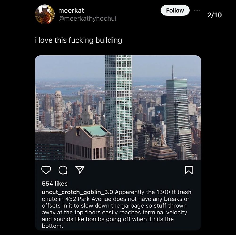 Screenshot of a post about a 1300ft building with a trash chute that reaches terminal velocity 