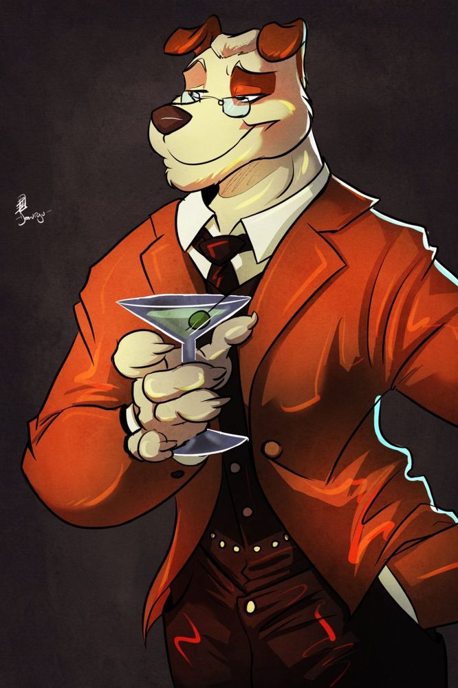 Dapper anthro dog in a resplendent suit, holding a martini