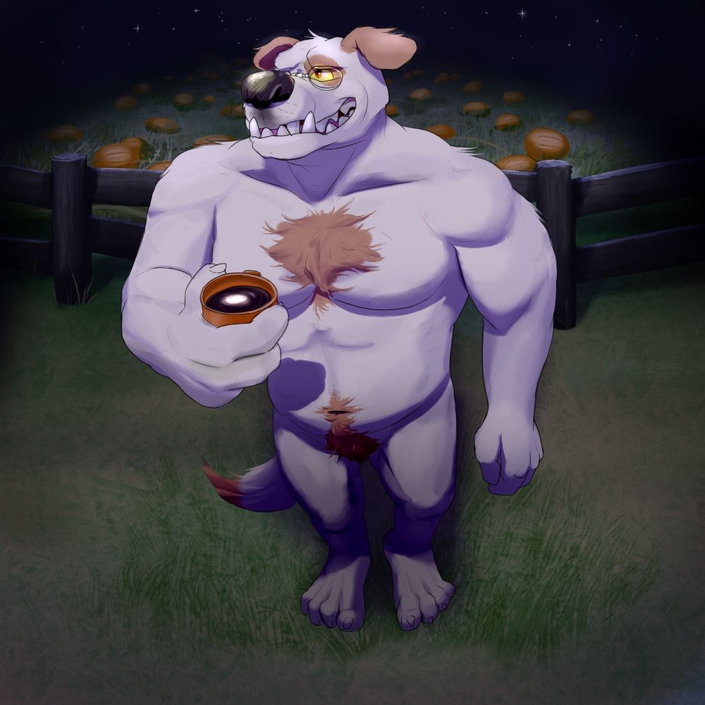 Weredog standing in a field, near a pumpkin patch, with a cup of black coffee.