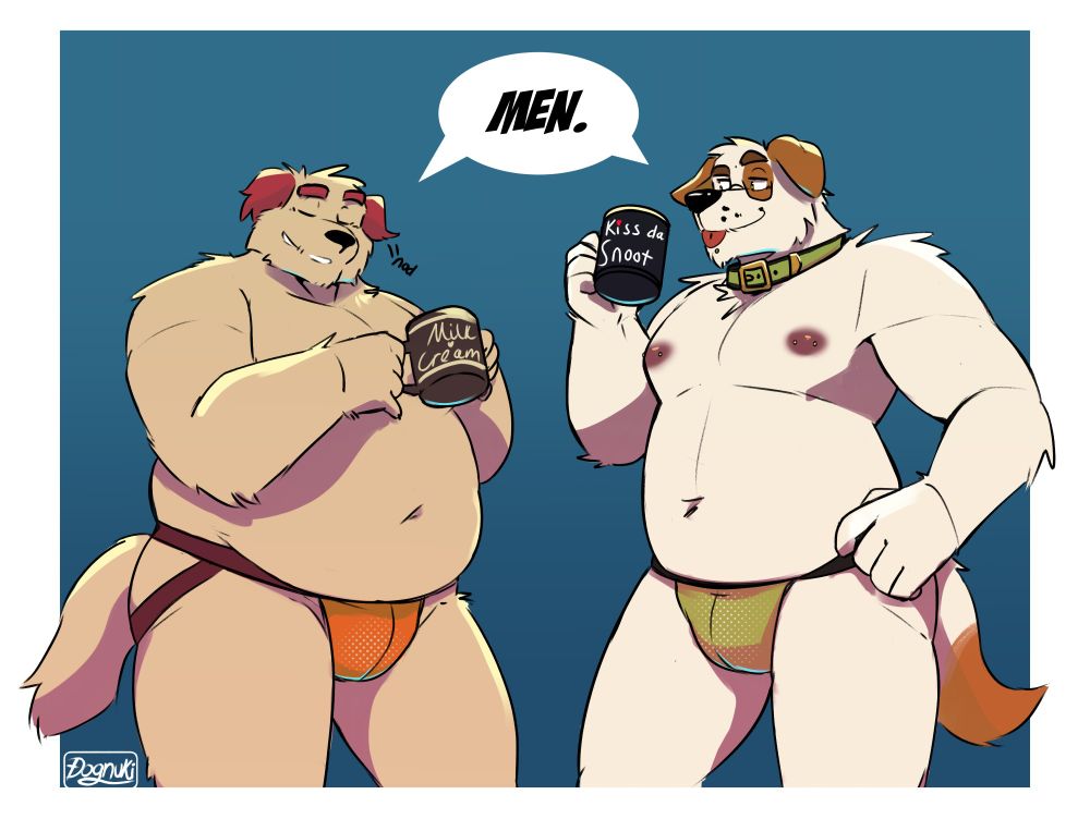 Two anthro dogs in jockstraps drinking coffee and talking about men