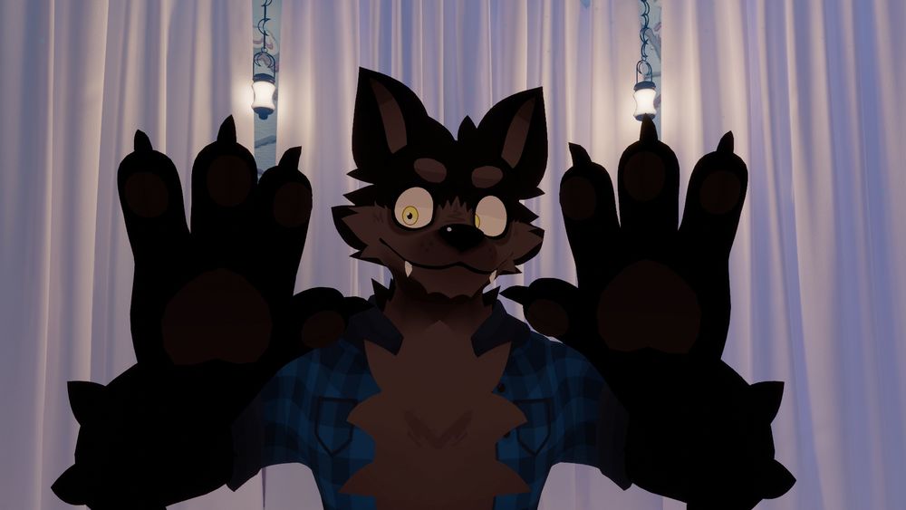 Large fluffy werewolf, holding up both of his paws in a pose.
