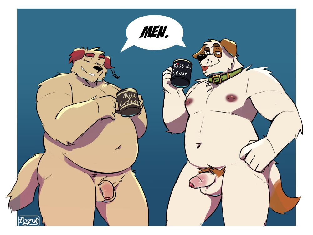 Two anthro dogs drinking coffee nude while talking about men.