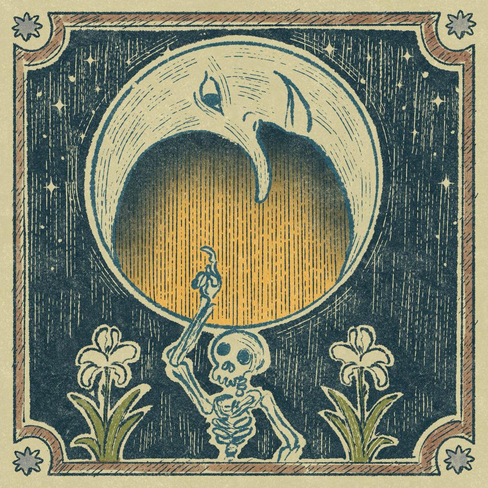 Rising Moon;

Image of a crescent moon turned on its side so it may peer down on a skeleton rising to raise a single finger. On each side of the skeleton is a white blooming night iris flower. 