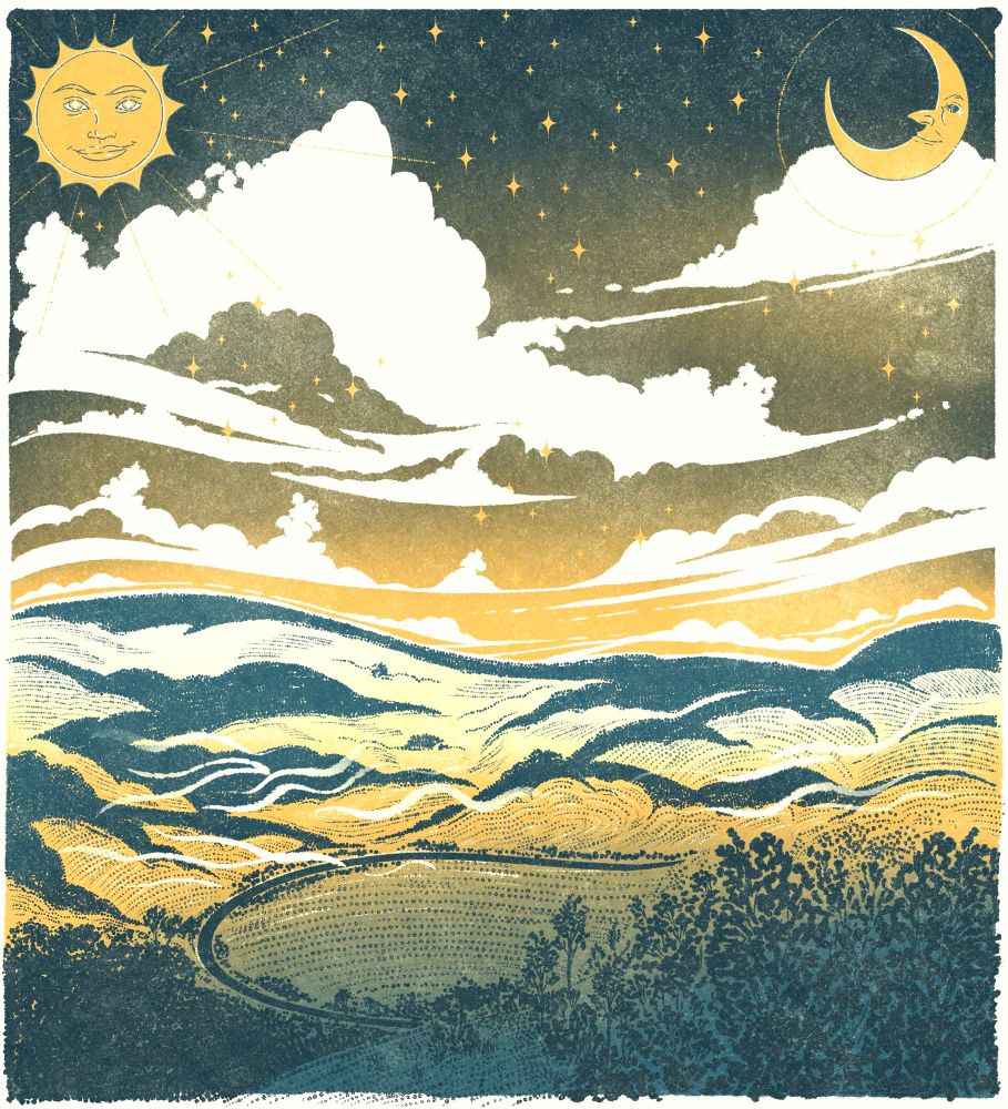 Title: Beyond The Fields We Know

Image: a landscape in a limited color palette of navy and gold, depicting a stylized landscape of forest and farm fields in the American Midwest. The sky is filled with overlapping stylized clouds and stars depicting a scene of both night and day at the same time. A classical sun with a smiling face occupies the upper left hand corner and a classical smiling crescent moon occupies the upper right hand corner.