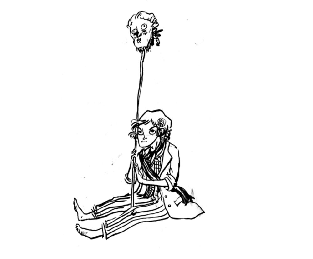 An image from Kate Beaton's comic 'French Revolution Comics' from her website Hark! A Vagrant. 

Image: an ink drawing of a young revolutionary barefoot seated on the ground. They are holding up a pike bearing the head of a French aristocrat. 