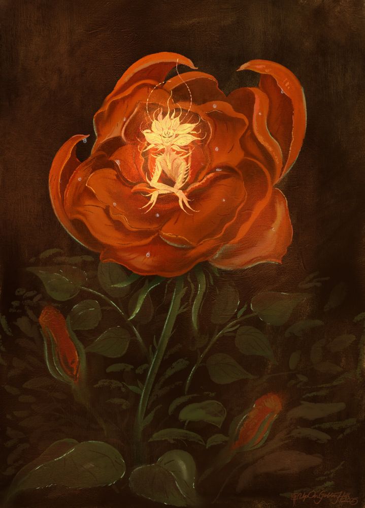 Text: A Strange Inflorescence 

Image: a digital oil painting of a rose blooming against a dark background of leaves and foliage and lesser buds. At the rose's center is a glowing insect-like figure resting in crossed arms, looking at the viewer with proud suspicion.