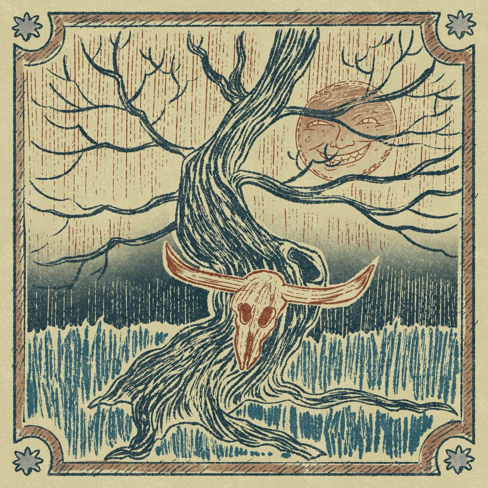 Grinning Moon;

A woodcut style image of a leafless dead tree with a steers' skull hanging from it. Behind the tree a grinning blood moon smiles through the dead branches. 