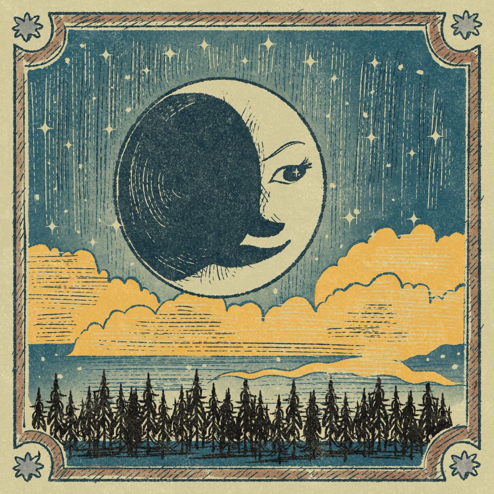 Mock Moon;

A woodcut-style image of a waning gibbous moon with a smiling stylized face looking down over glowing clouds to a forest of black pine trees. The shadowed portion of the moon follows contours of the moons nose and lips acting like a half-mask. 