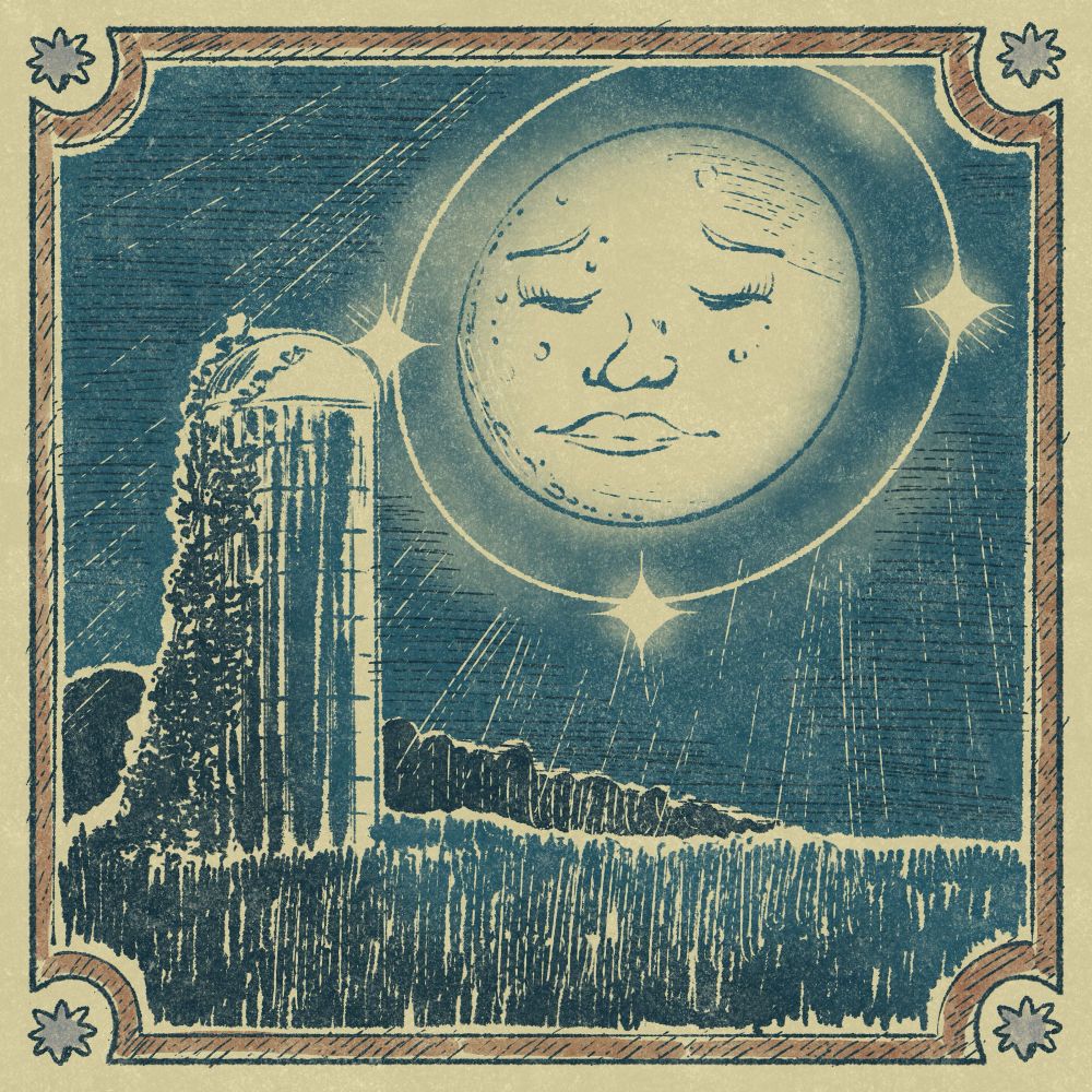 Moondog;

A pensive-faced blue moon smiles on a field with an abandoned ivy-covered grain silo standing in it. Around the moon is a halo of light also called a 'moondog'.
