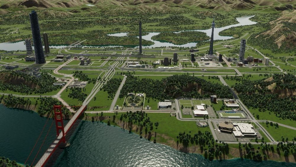 Looking at the Manukau Ranges City Centre, and the Entertainment Hub in Cities Skylines 2