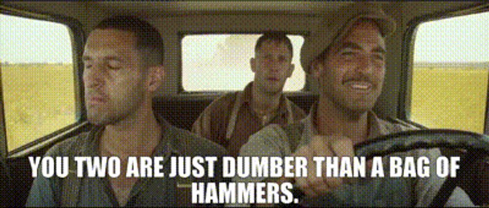 three men in a car with the words " you two are just dumber than a bag of hammers " on the bottom