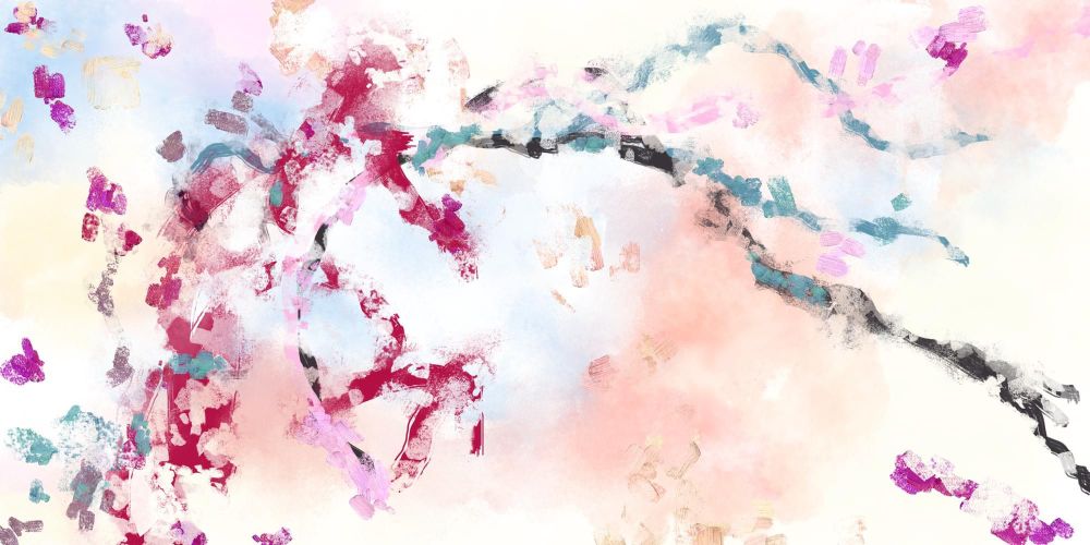 colorful mostly peach digital abstract art work in progress with color washes and deep plum red, medium dark cyan and gray-brown tree blossom / branch-like expressive structures