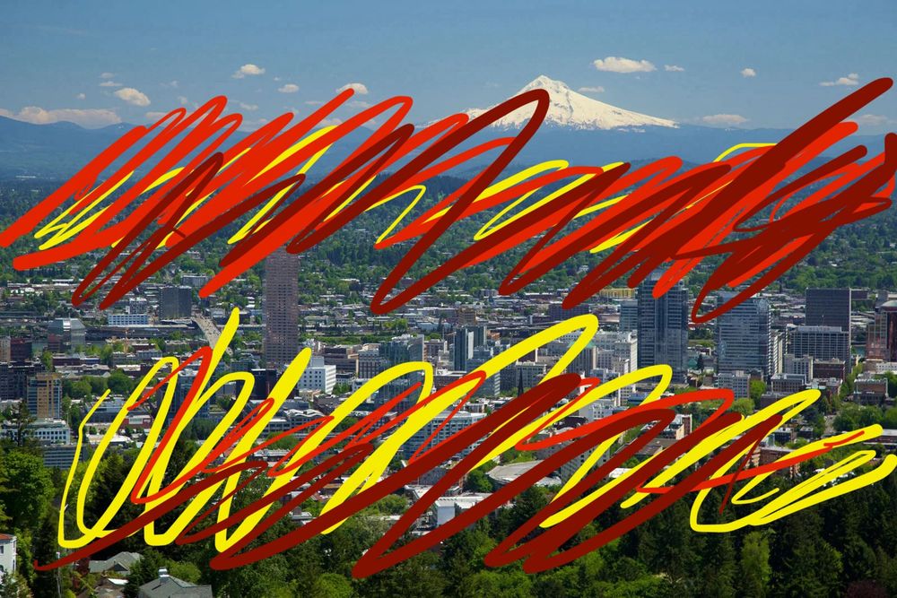 Picture of the Portland, OR, skyline with red, orange, and yellow scribbles all over