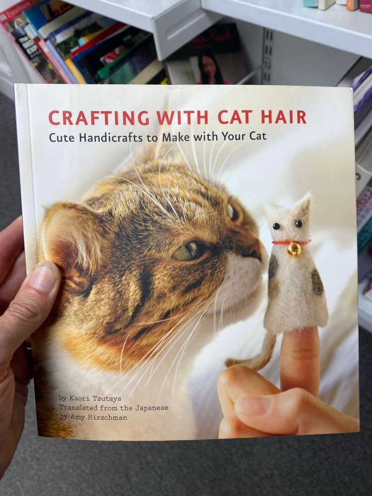 Book whose cover shows a cat smelling a small cat finger puppet. The book is titled “Crafting with cat hair - cute handicrafts tk make with your cat”. Bleh.