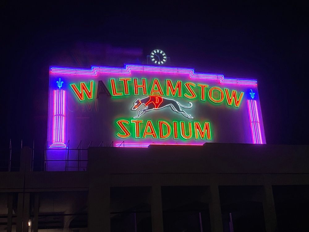 Walthamstow dog track neon sign (track no longer there, but frontage is listed) the A of Walthamstow is not lit. Very deco feel.