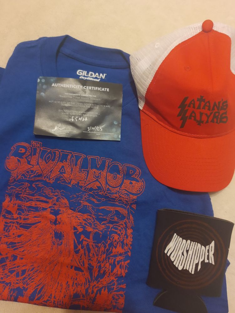 A more detailed look at the drink holder, hat, and t-shirt, all with fictional band logos from the concert scene in the 2016 Ghostbusters