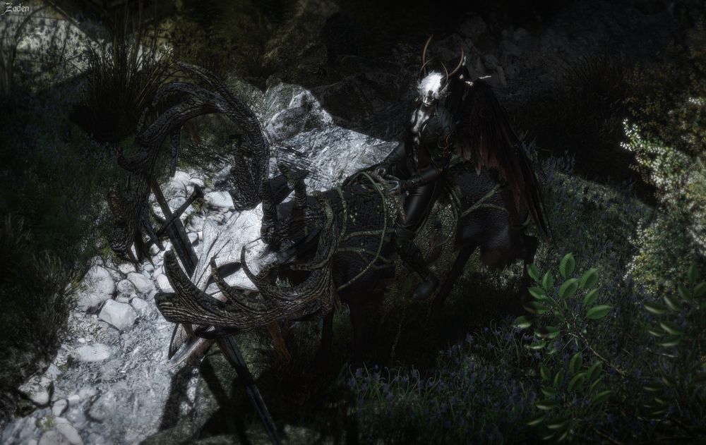 My drow on Second Life riding on Teegle's "Xeinos" (an ancient forest spirit that resembles a large elk with a long skull-like face) next to a stream of water inside a beautiful fantasy forest.