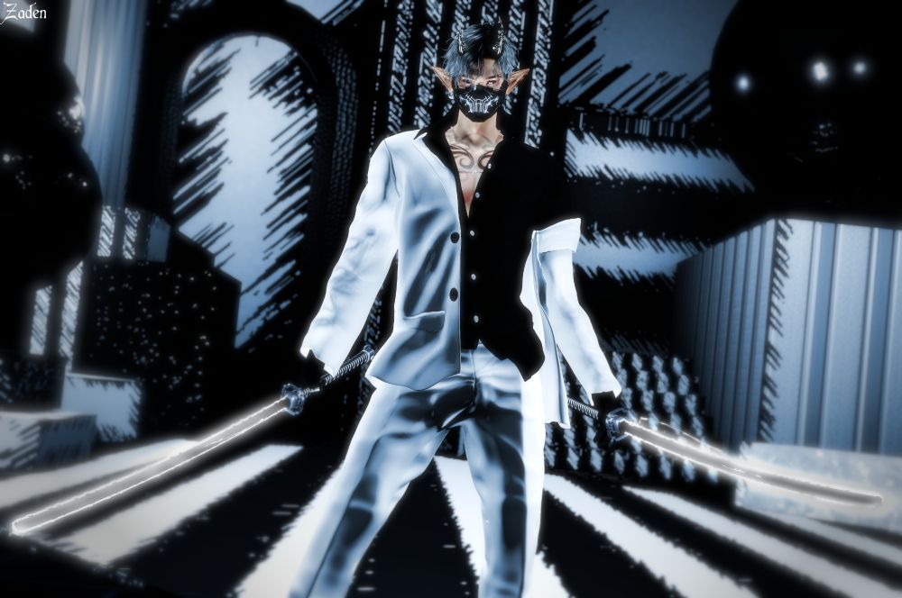 A masked elven man dressed in black-and-white is dual wielding beam katanas at Arcanum, an art exhibition by ARTSY's Aria Solstice, on Second Life. This room explores the theme of "Duality" and contains black and white sculptures.