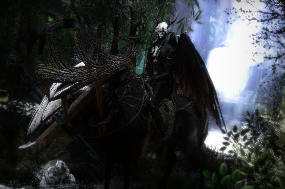 My drow on Second Life riding on Teegle's "Xeinos" (an ancient forest spirit that resembles a large elk with a long skull-like face) in front of a glowing waterfall & pond inside a beautiful fantasy forest.
